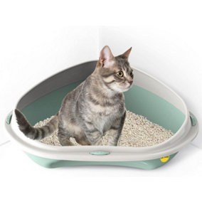 CAT CENTRE Large Corner Open Litter Tray with Detachable no-Spilling Rim Green