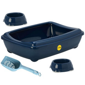 CAT CENTRE Large Open Litter Tray with Scoop and x2 0.3L Smarty Bowls in Dark Blue