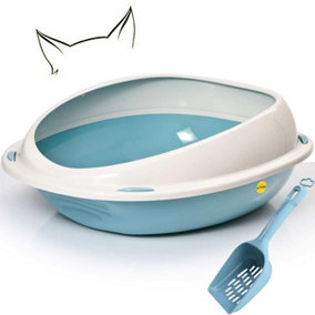 CAT CENTRE Large Oval Open Litter Tray With Rim + Litter Scoop Bundle Blue