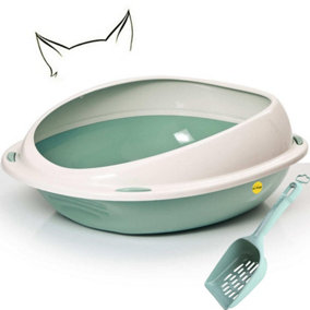 CAT CENTRE Large Oval Open Litter Tray With Rim + Litter Scoop Bundle Green