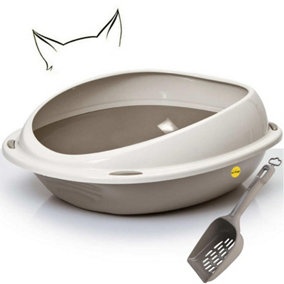 CAT CENTRE Large Oval Open Litter Tray With Rim + Litter Scoop Bundle Grey