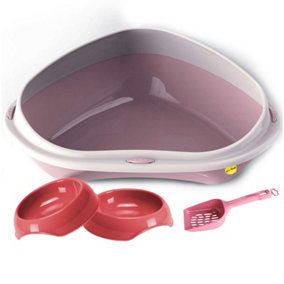 CAT CENTRE Large Pink Corner Litter Tray with High Rim + 2 x Pink Gusto Bowls 0.2L + Pink Scoop