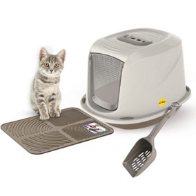CAT CENTRE Medium Grey Cat Hooded Set: Litter Tray + Scoop + Tray Mat + Carbon Filter