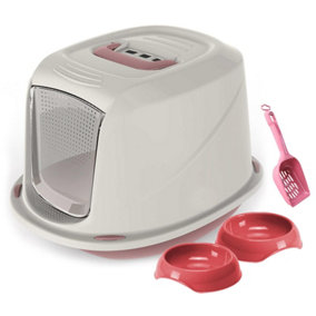 CAT CENTRE Medium Pink Cat Hooded Litter Tray Bundle with 2 Bowls and Scoop