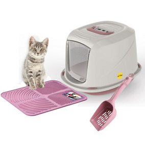 CAT CENTRE Medium Pink Cat Hooded Set: Litter Tray + Scoop + Tray Mat + Carbon Filter