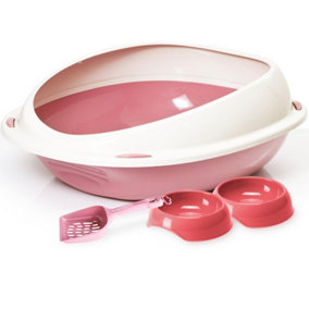 CAT CENTRE Pink Bundle of Jumbo Oval Litter Tray with High Rim + 2 x Gusto Bowls 0.3L + Geo Scoop