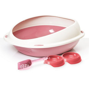 CAT CENTRE Pink Bundle of Large Oval Litter Tray with High Rim + 2 x Gusto Bowls 0.2L + Geo Scoop