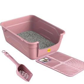 CAT CENTRE Pink Large Cat Litter Tray + Scoop + Tray Mat - Deep Open Box