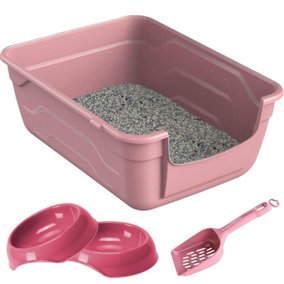 CAT CENTRE Pink Large Cat Open Litter Tray + 2 0.35L Bowls + Scoop