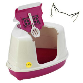 CAT CENTRE Pink Large Corner Cat Flip Litter Tray - Hooded Box Toilet + Scoop + Charcoal Filte