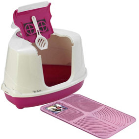 CAT CENTRE Pink Large Corner Cat Flip Litter Tray + Mat - Hooded Box Toilet + Scoop + Charcoal Filter + Litter Tray Mat