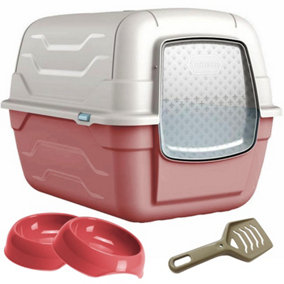 CAT CENTRE Pink Roto Litter Tray + 2 x Gusto Bowls 0.35L + Scoop