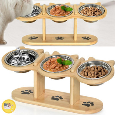 Cat Dog Food Feeding Stand Station Stainless Three Raised Bowls Wooden ...