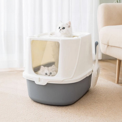 Cat Litter Box Lidded Kitten Litter Tray Pet Loo with Scoop,Grey