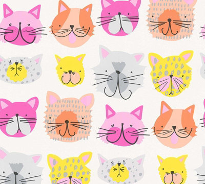 Cat Themed Wallpaper Colourful Kittens Textured Pink Orange Yellow Grey Kids