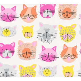 Cat Themed Wallpaper Colourful Kittens Textured Pink Orange Yellow Grey Kids