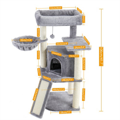 Cat Tree 106cm Cat Tower with Sisal Scratching Post, Super Large Cats Plush Perch Condo, Suitable for Corner Grey