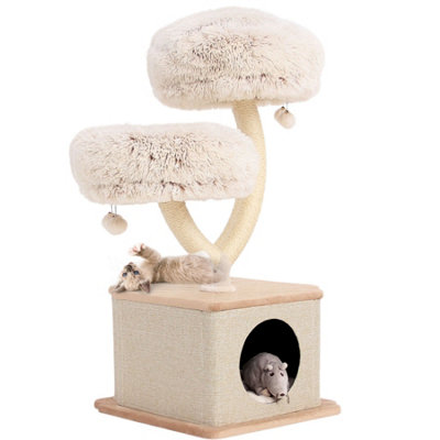 Cat Tree for Indoor Cats 96cm High - Sturdy Multi-Level Cat Tower with Cat House & Scratch Pad for All Cat Breeds - Cream & Beige