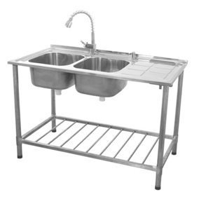 Catering Sink Stainless Steel Kitchen Commercial Restaurant Double Bowl Storage Shelf Unit & Tap  / Right Hand Drainer