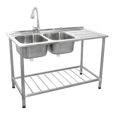 Catering Sink Stainless Steel Kitchen Commercial Restaurant Double Bowl Storage Shelf Unit & Tap  / Right Hand Drainer