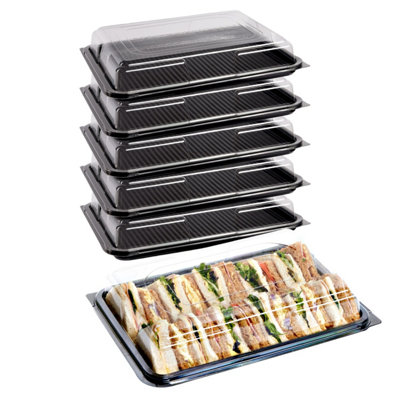 Caterline 5 x Small Catering Platters Lids Sandwich Platters L340mm x W250mm x 70mm Reusable Plastic Serving Platters