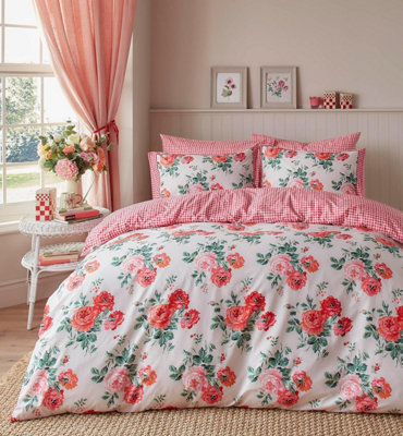 EAVD French Style Garden Pink Floral Comforter Set Queen Girls Fluffy Soft Microfiber Chic Shabby Floral Bedding Set With 2 Pillowcases Fresh Ruffled