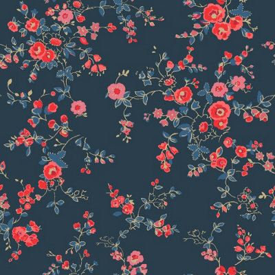 Cath Kidston Blue Floral Metallic effect Embossed Wallpaper