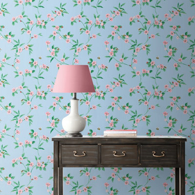 Cath Kidston Blue & Pink Floral Pearl effect Embossed Wallpaper