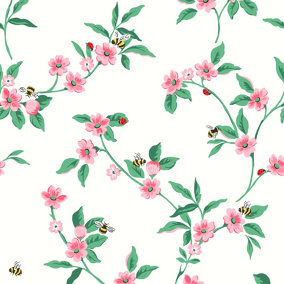 Cath Kidston Cream & Pink Floral Pearl effect Embossed Wallpaper