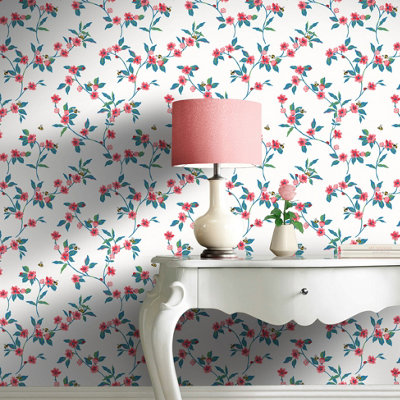 Cath Kidston Cream & Red Floral Pearl effect Embossed Wallpaper