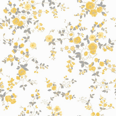 Cath Kidston Grey & Ochre Floral Metallic effect Embossed Wallpaper