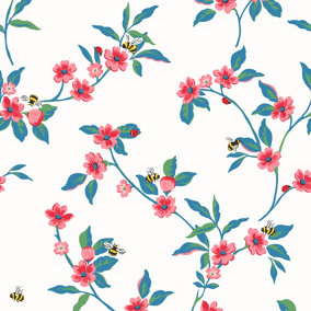 Cath Kidston Red Floral Pearl effect Embossed Wallpaper