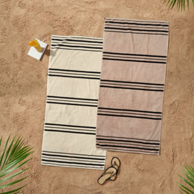 Catherine Lansfield Banded Stripe Cotton 75x150cm Beach Towel Pair Cream/Natural