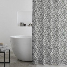 Catherine Lansfield Bathroom Aztec Geo 180x180cm Shower Curtain Charcoal Grey