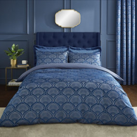 Catherine Lansfield Bedding Art Deco Pearl Embellished Duvet Cover Set with Pillowcases Navy Blue