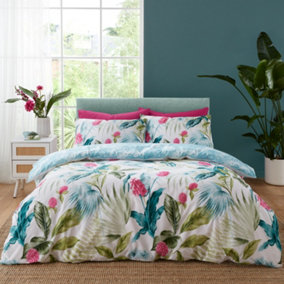 Catherine Lansfield Bedding Aruba Tropical Floral Reversible Double Duvet Cover Set with Pillowcases Green