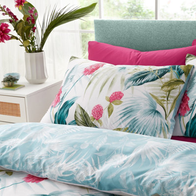 Catherine Lansfield Bedding Aruba Tropical Floral Reversible Double Duvet Cover Set with Pillowcases Green