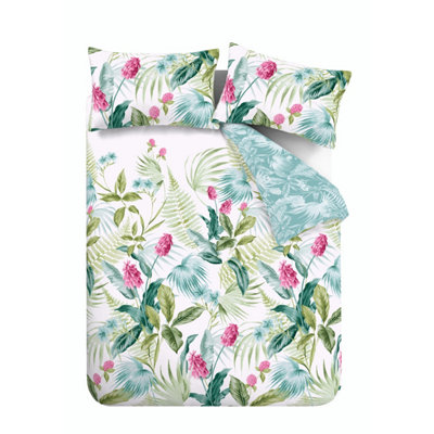Catherine Lansfield Bedding Aruba Tropical Floral Reversible Double Duvet Cover Set with Pillowcases Green