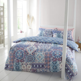 Catherine Lansfield Bedding Boho Patchwork Geometric Duvet Cover Set with Pillowcases Blue