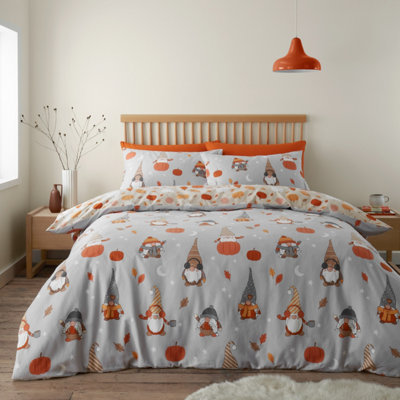 Catherine Lansfield Bedding Brushed Cotton Autumn Gonks Reversible Duvet Cover Set with Pillowcase Grey