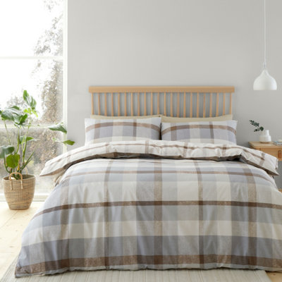 Catherine Lansfield Bedding Brushed Cotton Check Reversible Duvet Cover Set with Pillowcases Natural