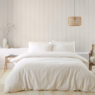 Catherine Lansfield Bedding Brushed Cotton Stripe Reversible Duvet Cover Set with Pillowcase Natural