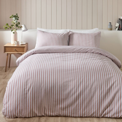 Catherine Lansfield Bedding Brushed Cotton Stripe Reversible Duvet Cover Set with Pillowcases Blush Pink