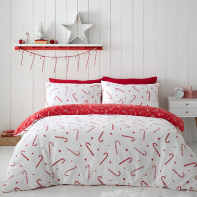 Catherine Lansfield Bedding Christmas Candy Cane Reversible Duvet Cover Set with Pillowcase Red/ White