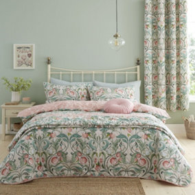 Catherine Lansfield Bedding Clarence Floral Double Duvet Cover Set with Pillowcases Natural / Green