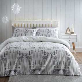 Catherine Lansfield Bedding Cosy Winter Woodland Fleece Duvet Cover Set with Pillowcases Grey