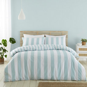 Catherine Lansfield Bedding Cove Stripe Reversible Double Duvet Cover Set with Pillowcases Seafoam Blue