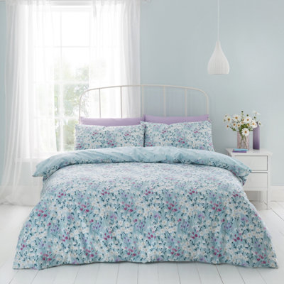 Catherine Lansfield Bedding Daisy Meadow Floral Reversible Single Duvet Cover Set with Pillowcase Duck egg Blue