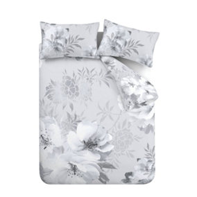 Catherine Lansfield Bedding Dramatic Floral Duvet Cover Set with Pillowcases Silver Grey