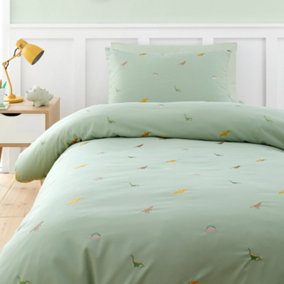Catherine Lansfield Bedding Embroidered Dinosaur Double Duvet Cover Set with Pillowcases Green